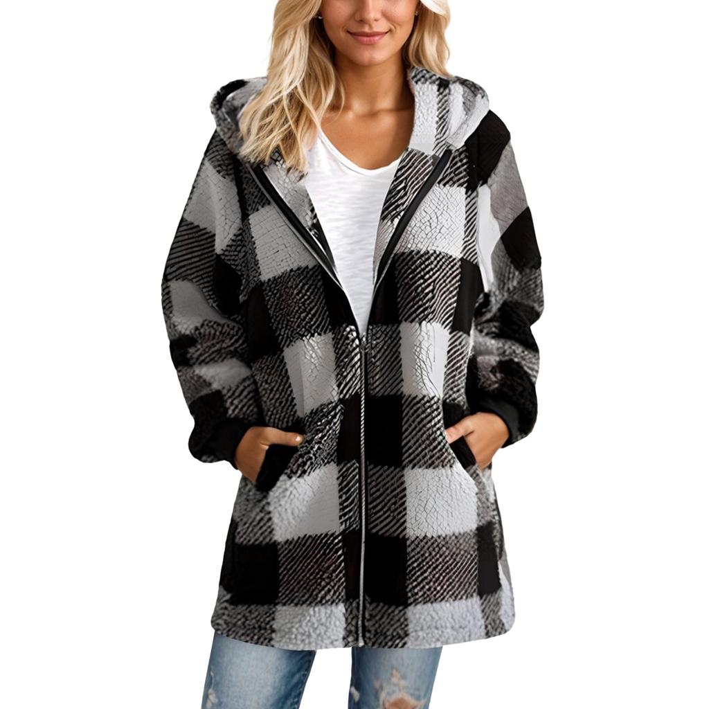 Women's Casual Plush Long Sleeve Plaid Hooded Zipper with Pocket Loose Coat