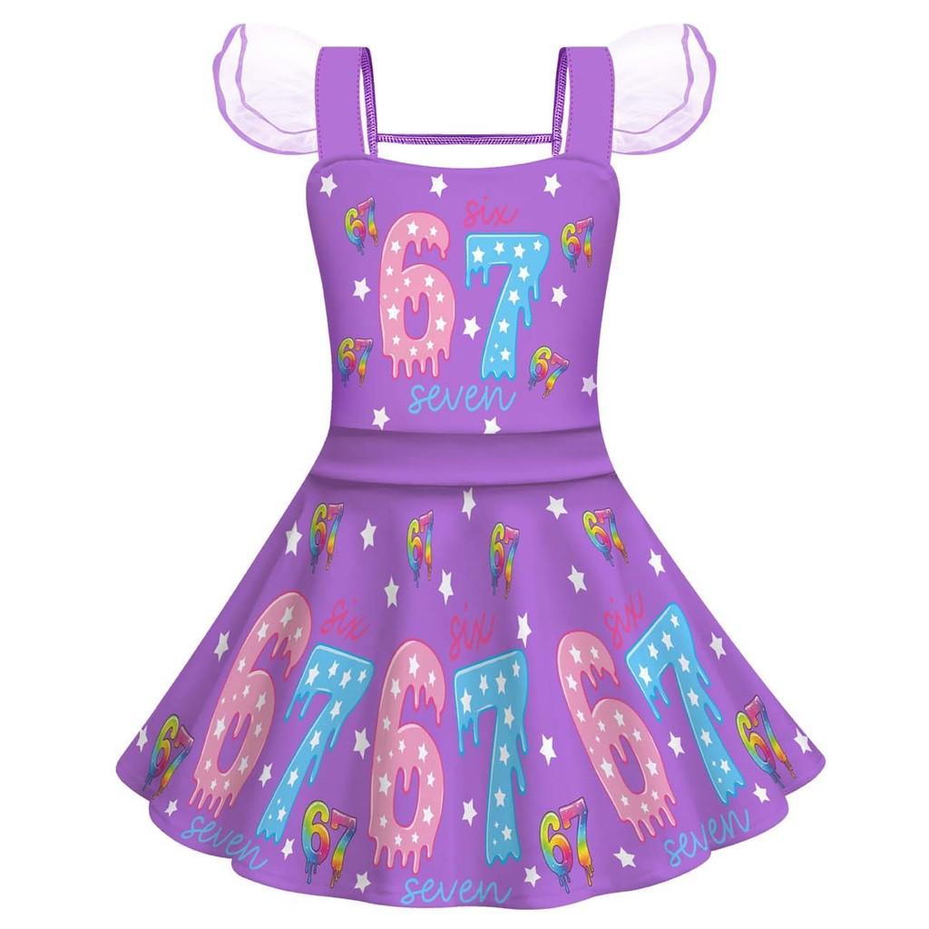 82954 Girls 67 Steal a Brainrot Print Mesh Princess Dress 100cm фиолетовый