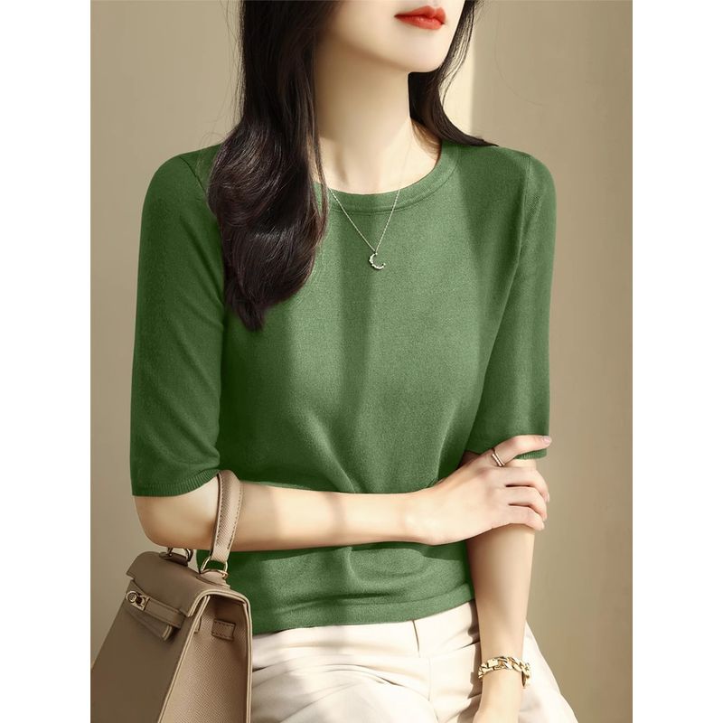 

round Neck Half Sleeve Ice Silk Women s Summer Shoulder Bottoming Shirt Pea Green XL