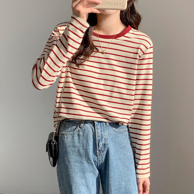 Early Autumn Stripe Base Layer Women Round Neck Loose Versatile Long Sleeve Tee Casual Cotton Top Thin