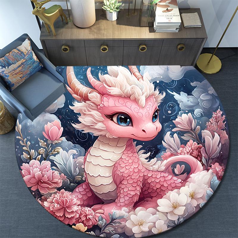 Pink Dragon Round Area Rug,Carpet Rug for Living Room Bedroom Sofa Playroom Decor,Non-slip Floor Mat