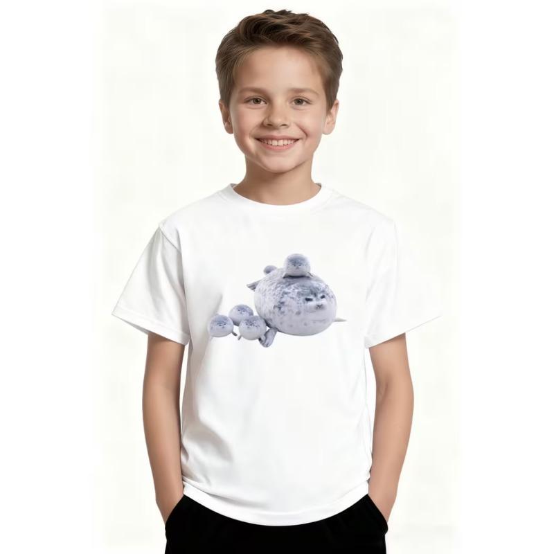 Boys Cute Seal Print Crewneck Short Sleeve Tee 110 белый