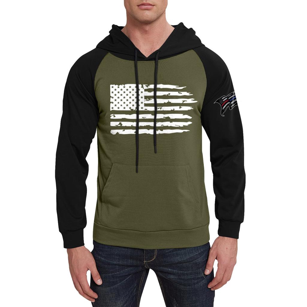 Pánská ležérní mikina s kapucí a stahovací šňůrkou, dlouhá, s potiskem vlajky a kapsami