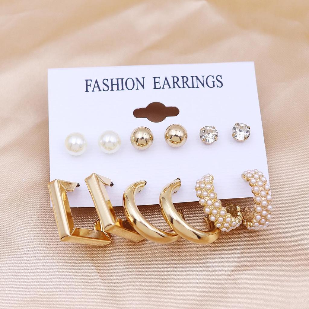European & American Geometric C-Shaped Hoop Earrings: 6-Piece Gold & Pearl Wire-Wrapped Set for Women