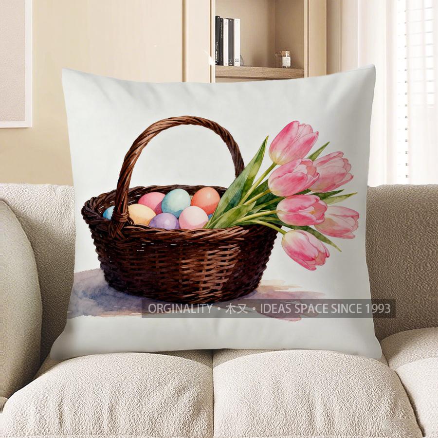 

2D Tulips And Easter Eggs Decorative Pillow Cover Pattern Cushion Cover Suitable For Sofa Bedroom Car Pillow Cover 40x40cm