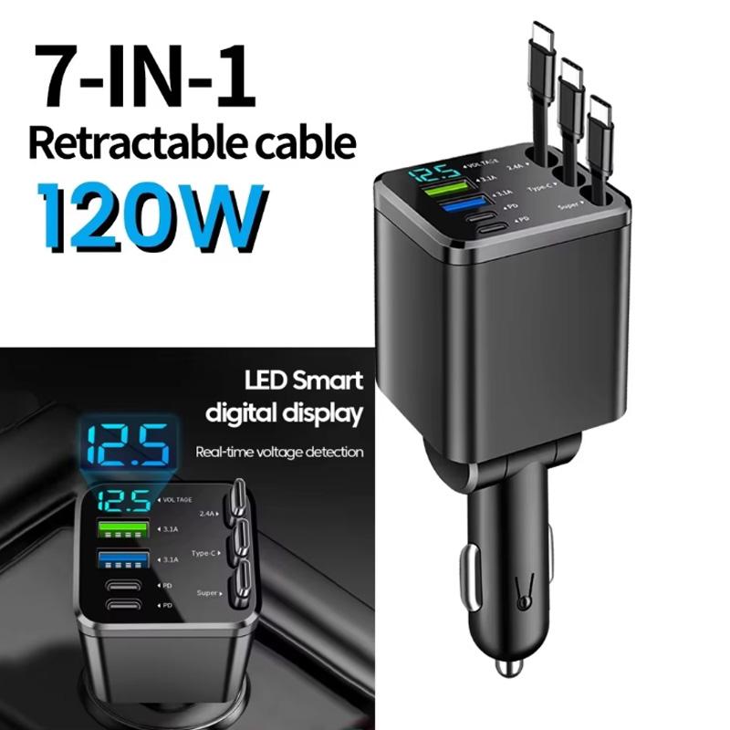 Retractable Car Charger , 5 in 1 Super Fast Phone Charger Adapter, Auto Cellphone Charging Accessories with Dual Type C Cables