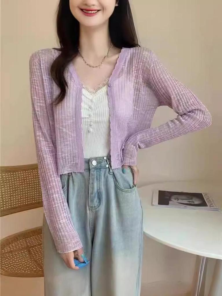 Women's Short V-Neck Knitted Cardigan - Ice Silk Sun Protection Shawl, Perfect Outer Layer for Dresses