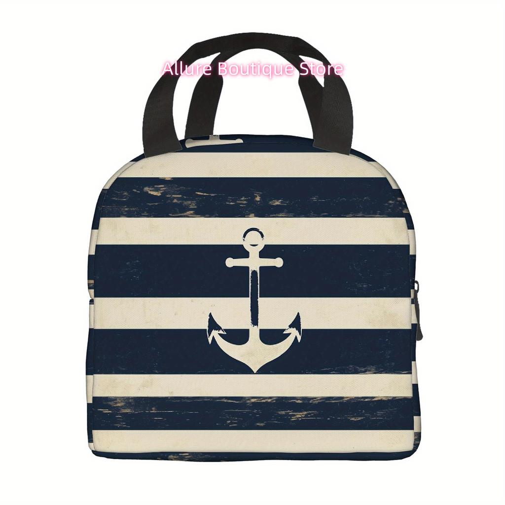 1pc Nautical Anchor Design Printed Thermal Insulated Bag, Non-Food Contact, Unisex Portable Reusable for Home, Restaurant, Offic