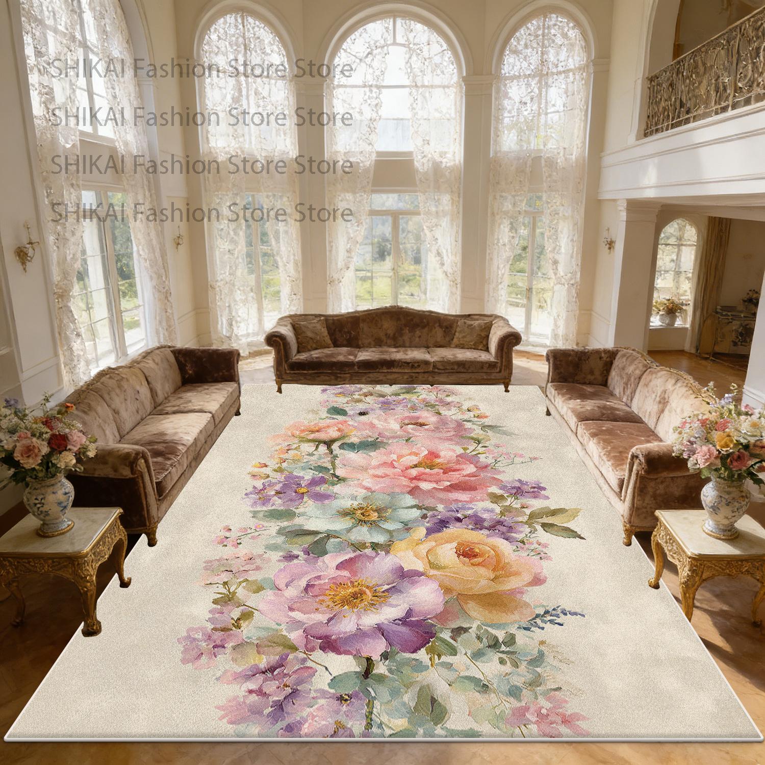 

French Countryside Flower Style Living Room Rug Home Decoration Luxury Washable Soft Carpet Large Area Non-slip Fluffy Floor Mat 60x90cm