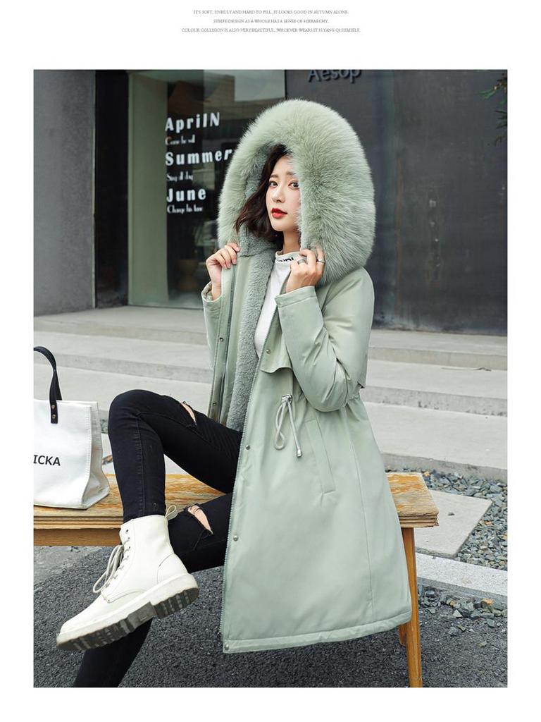 2025 Winter Women's Mid-Length Fur Collar Cotton Coat with Velvet Padding