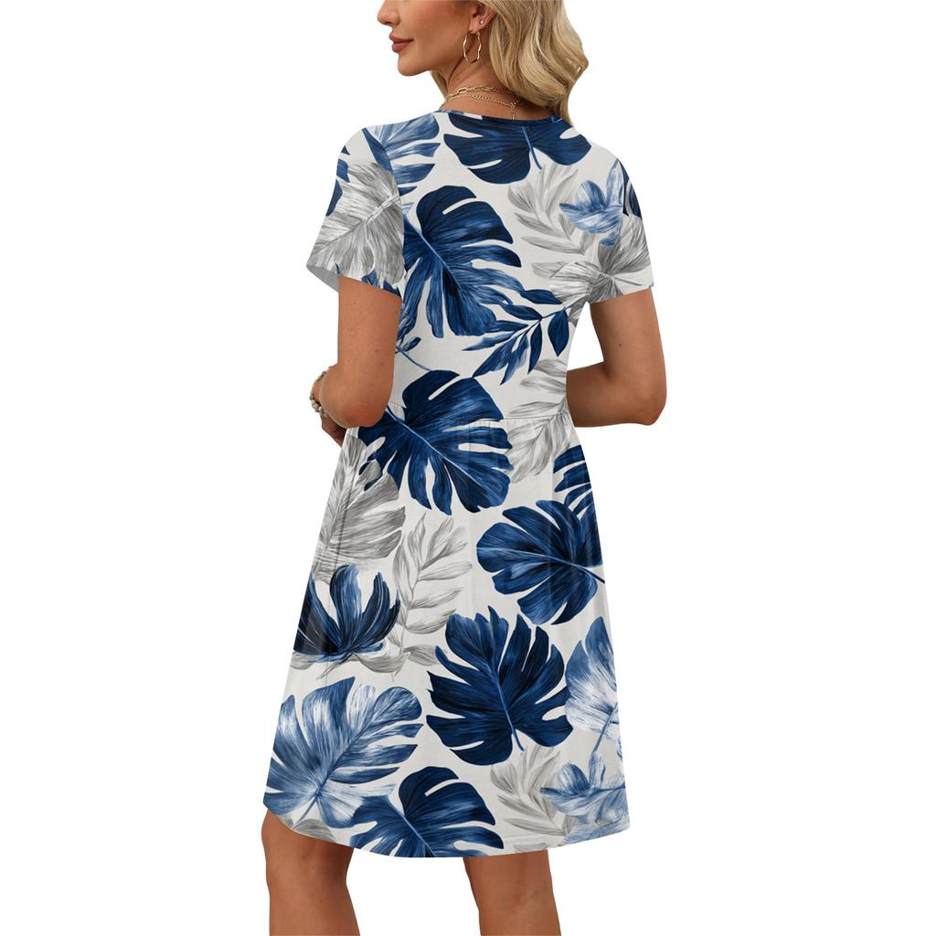 Kleider Für Damen Kurzarm Druck Rundhals Freizeitkleider Taillenkleid Mit Taschen