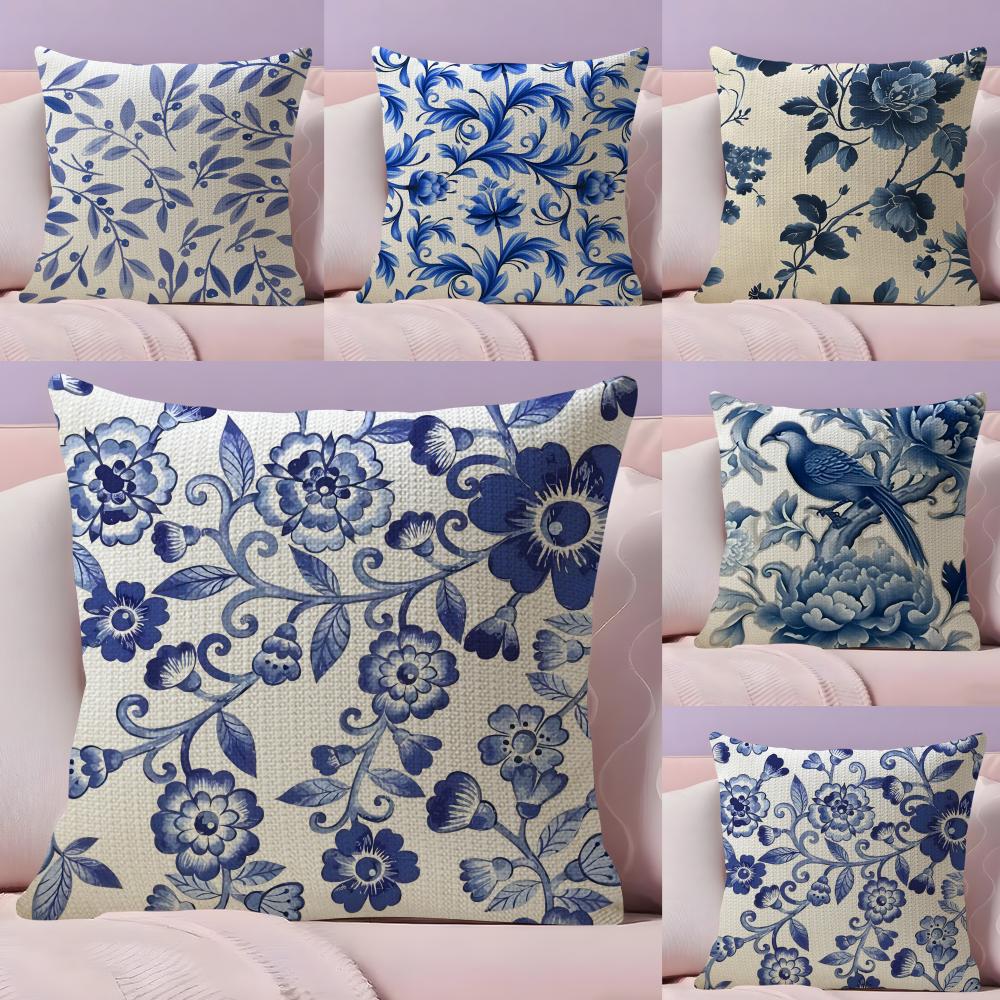 Blue Pattern Hot Cushion Cover Natural Linen Pillow Case DoubleSided Print Decorative Sofa Pillowcase Home Decor Gift