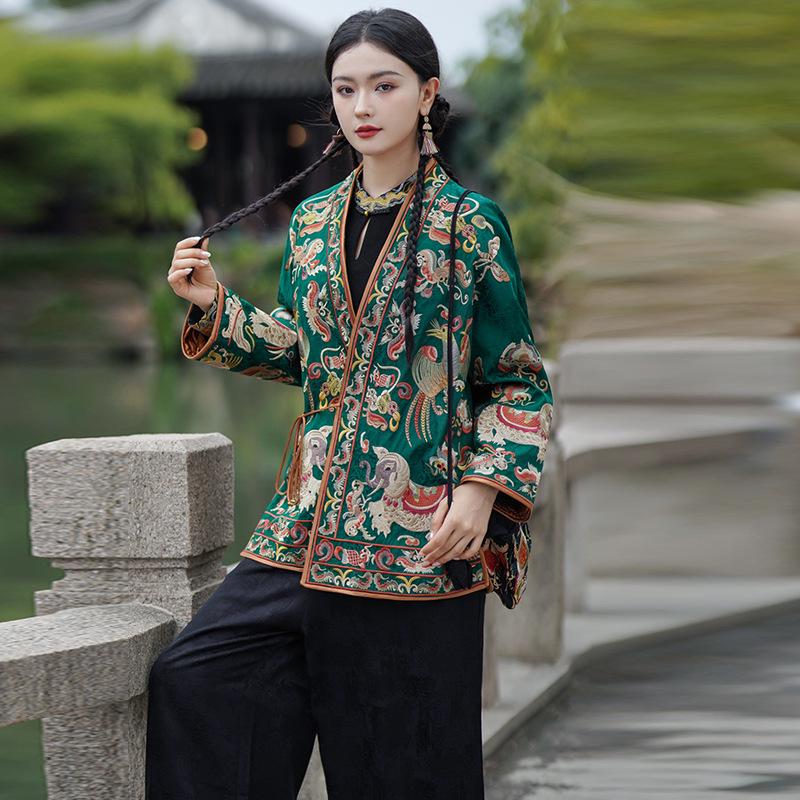 

Женский тренч с вышивкой в этническом стиле: Роскошная куртка в китайском стиле на осень/зиму XXL зелёный