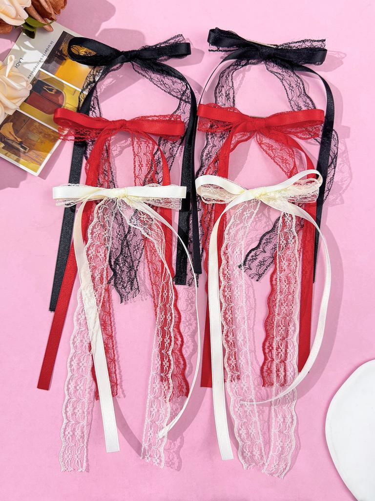 2pcs Ballet Style Lace Bow Ribbon Hair Clip, Sweet Girl's Double Ponytail Hair Clip, Sweet and Cool Style Hair Accessory
