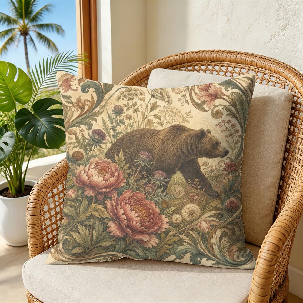 Woodland Botanical Bear And Cub Cushion Cover Double-Sided Plush Sofa Cushion Covers Organic Breathable Invisible Zipper