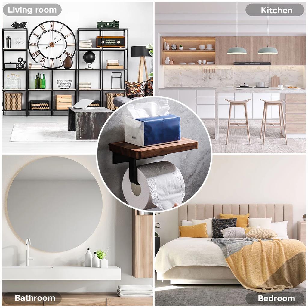 Toilet Paper Holder with Natural Walnut Wooden Shelf Tissue Roll Hanger Wall Mounted Paper Towel Bar Toilet Paper Roll Holder