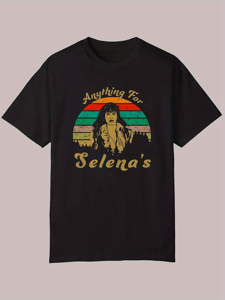 Casual Crew Neck T-shirt with Selena Illustration - "Anything For Selena's" Text