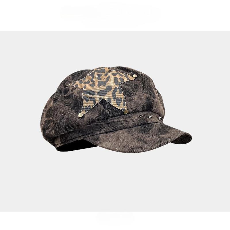 Freedom Outdoors Women's Fashion Hip Hop Octagonal Hats Punk Rivet Star Sticker Berets For Versatile Retro Tie-Dye Newsboy Hats Cm