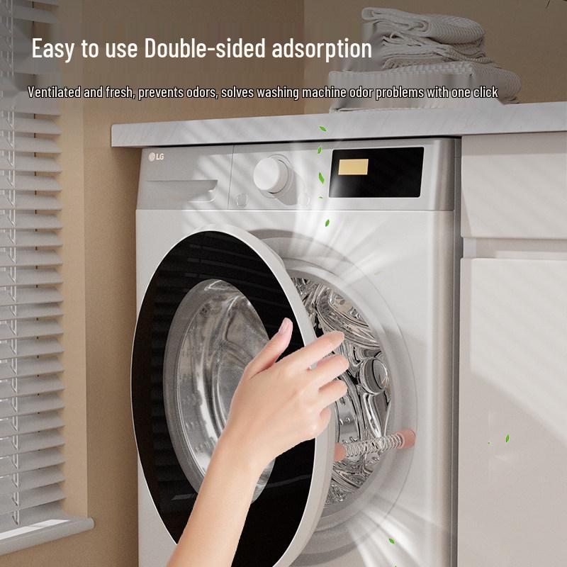 Magnetic Washing Machine Door Holder and Anti-Collision Buckle with Ventilation, Anti-Pinch Limiter, and Protective Door Stopper Sticker.