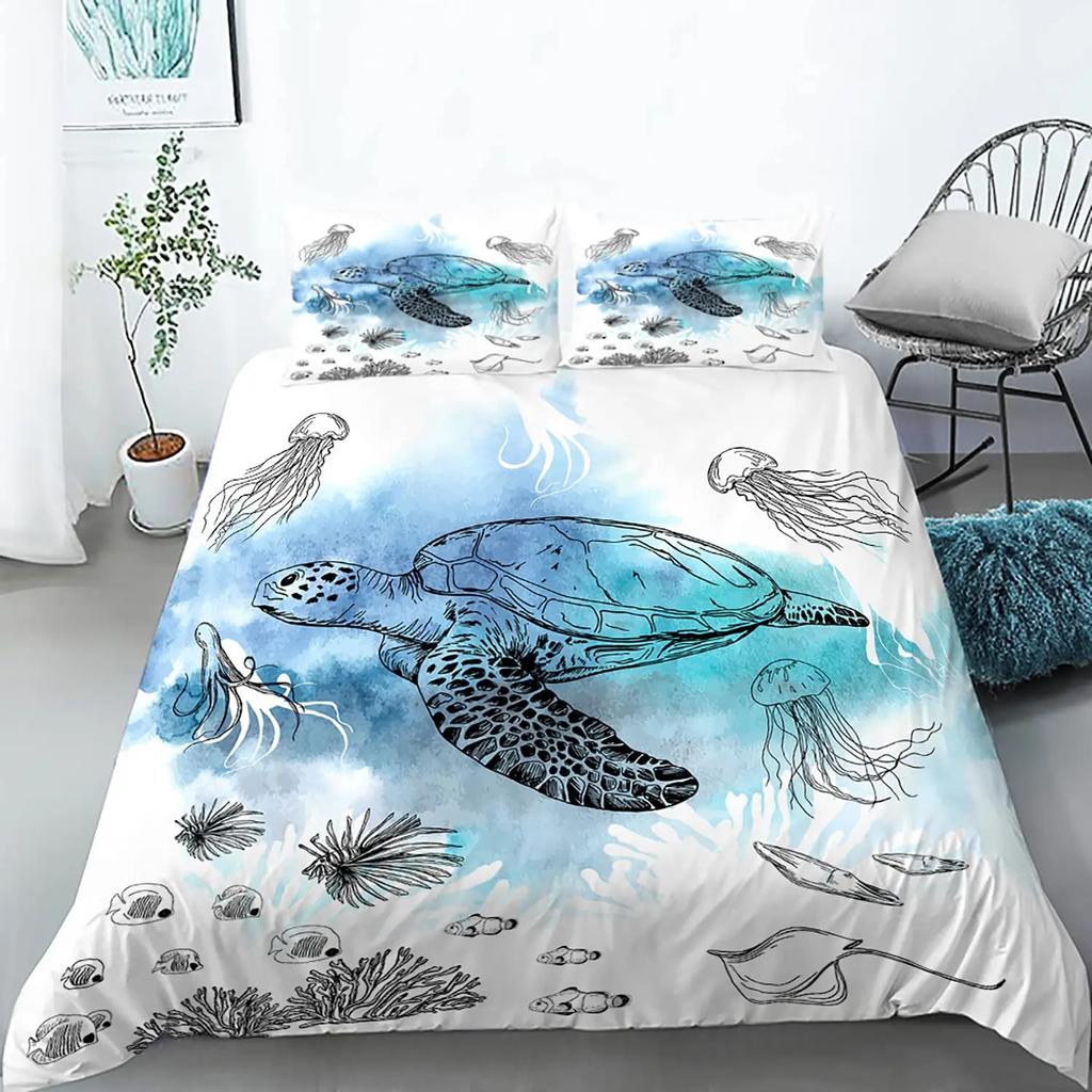 Sea Turtle Duevt Cover Set King Size Ocean Turtle Themed Comforter Cover For Teens Boys And Girls Soft Polyester Quilt Cover