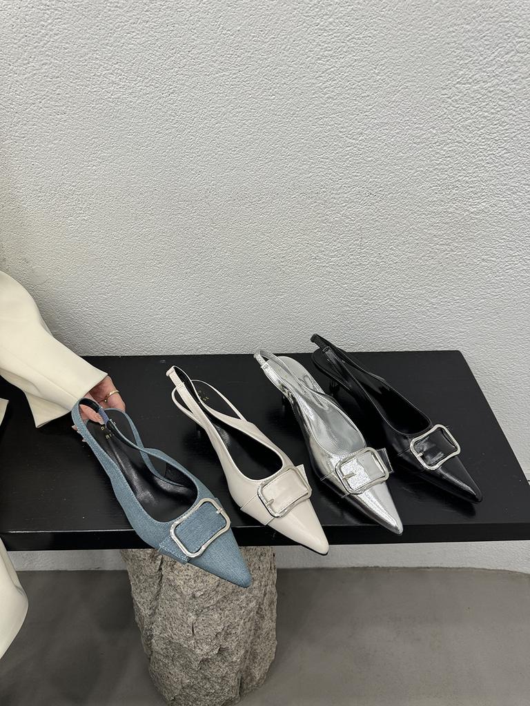 Fashion Fashion Women Sandals Pointed Toe Summer Dress Shoes Thin Mid Heels Black Beige Blue Silver Belt Buckle Party Sandals Summer 39