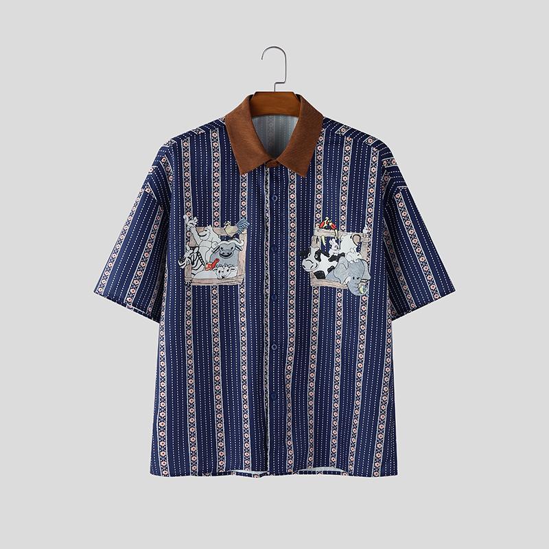 INCERUN Summer Men Lapel Neck Short Sleeve Patchwork Striped Casual Shirts Tops
