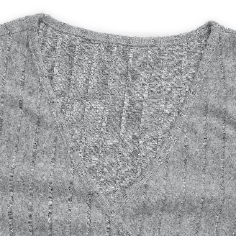 Herbst V-Ausschnitt Einfarbig Langärmlig Rippstrick Gebürstet V-Ausschnitt Damen Bluse Tops