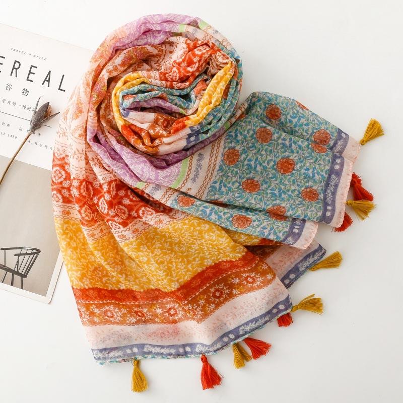 Floral Boho Scarf with Tassels - Breathable Viscose, Lightweight Beach Shawl In Red, Pink, Yellow & Green, Perfect for Spring & Summer