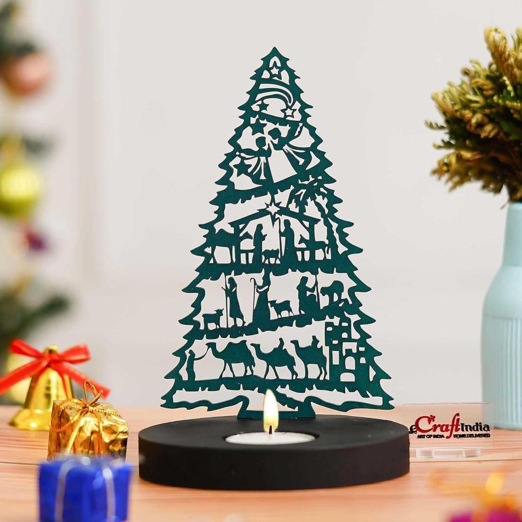 Jesus Nativity Scene Christmas Tree Tea Light Candle Holder(Wooden Green)| Christmas Decoration Items for Home Living Room Office Decor