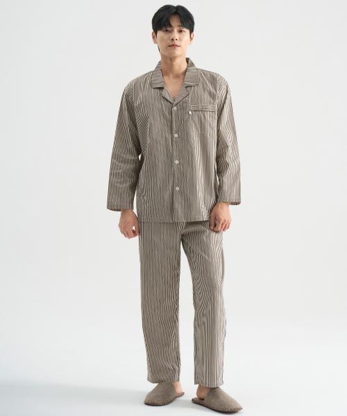 [May Flower] Khaki Style Long Sleeve Pure Cotton Men's Plus Size Pajama Set [Shipped from Korea] 100% Authentic