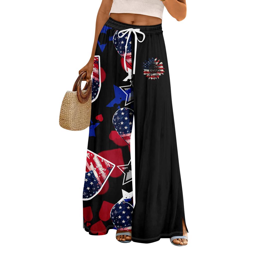 Women Summer Boho Palazzo Pants High Waist Wide Leg Independence Printing Casual Trousers With Pockets