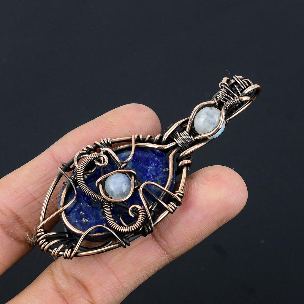 Lapis Lazuli & Moonstone Pendant Handmade Gemstone Jewelry, 999 Copper Wire Wrapped Pendant ,Unique Design Jewelry Pendant