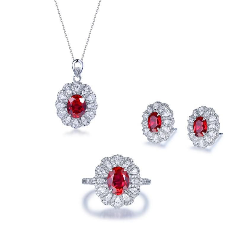 Set de bijuterii retro de curte european și american, în formă de ou, cu rubin cultivat roșu sânge de porumbel de 3 carate în argint S925.