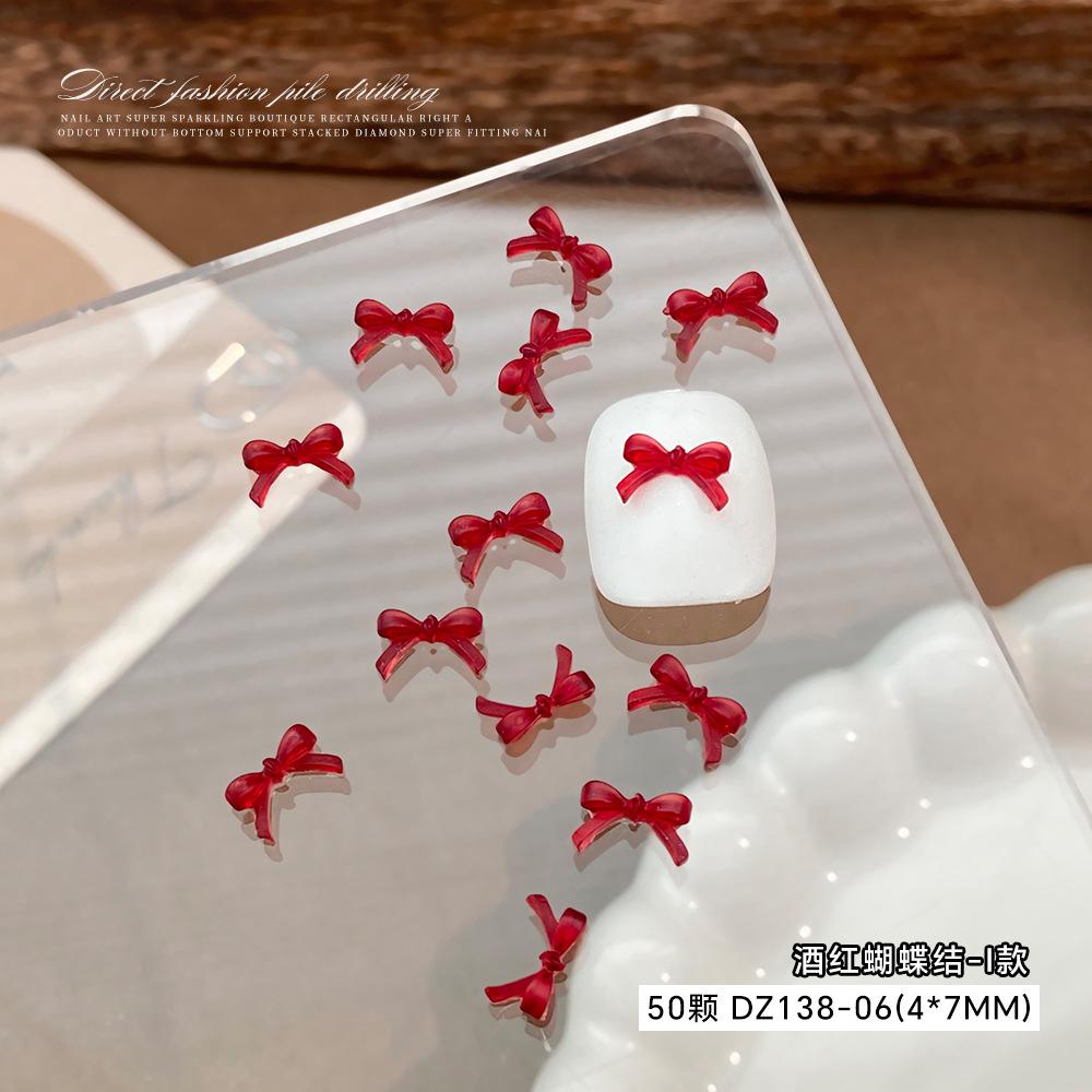 Wine Red Bow Nail Accessories Popular Online Items Solid Color Three-dimensional Hollow Tie Cartoon Resin
