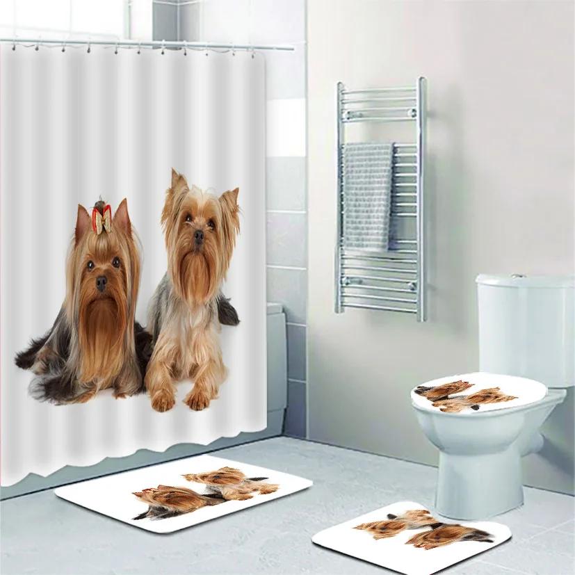 Funny Laughing Yorkshire Terrier Dog Bathroom Shower Curtain Set Sitting Yorkie Puppy Doggy Bath Mats Rugs Toilet Bathroom Set