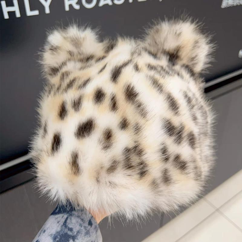 Autumn and Winter Leopard Print Fashion Fisherman Hat Women Cute Little Bear Ear Thickened for Keep Warmth Ear Protection No Eaves Hat