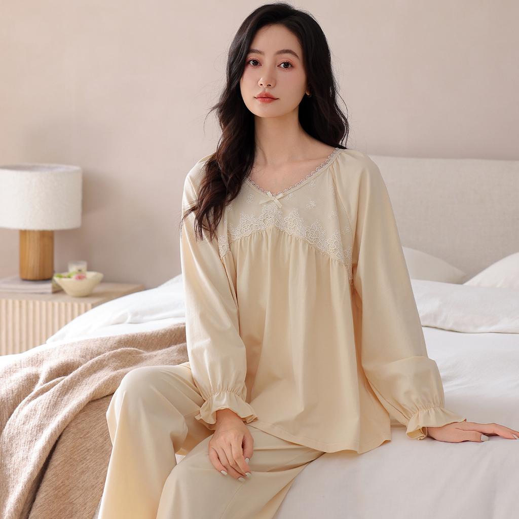 Women's pajamas pure cotton comfortable and simple thin spring and autumn cotton long-sleeved trousers cardigan loungewear can be worn outside set