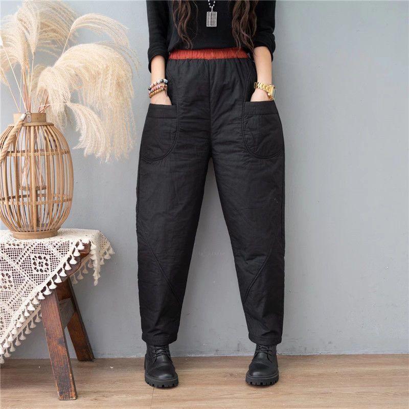 Retro Strip Velvet Splicing Plus Cotton Casual Cotton Pants New Winter Large Pocket Warm Work Cotton Pants
