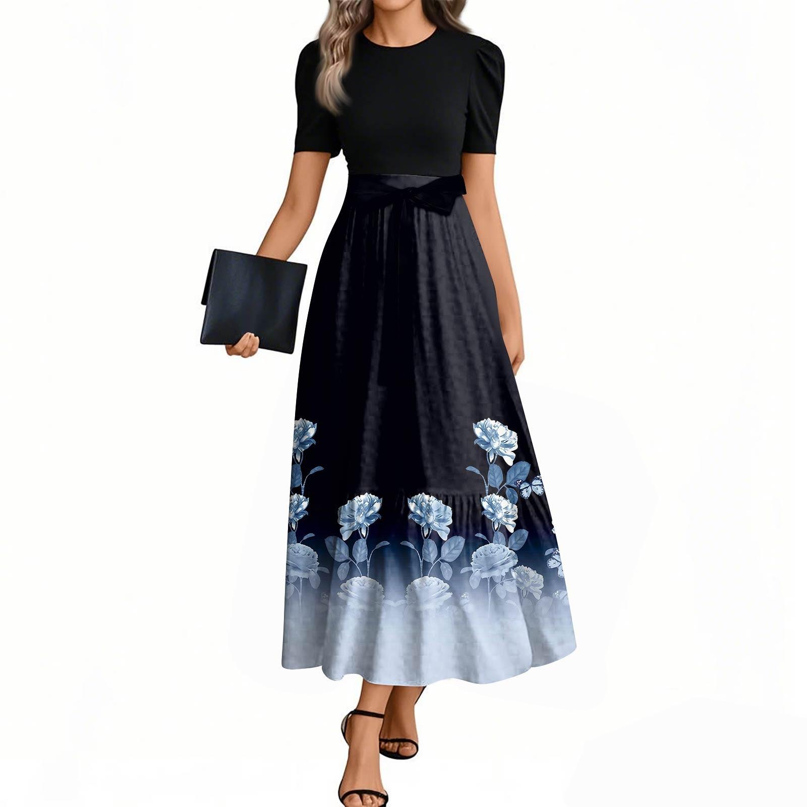 

Женская мода повседневная пояс с коротким рукавом круглый вырез винтажные цветочные сращивания элегантные темпераментные платья XL