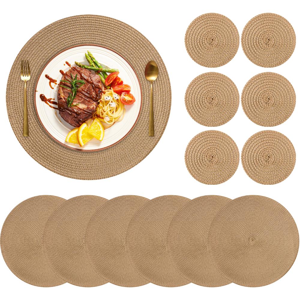 Sets 6 Woven Table Placemats and Coaster 34CM Round Cotton Dinner Table Mats Anti Slip Heat Resistant Easy Clean Place Mats