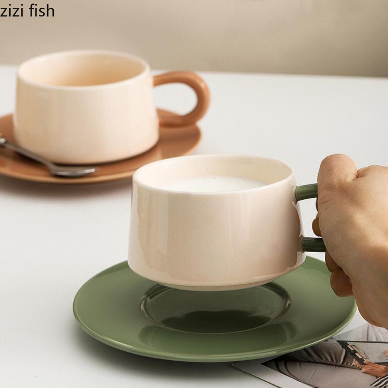 250ml Ceramic Coffee Cup and Saucer Set Milk Tea Cups Oatmeal Breakfast Cups Office Water Cup Milk Mug Afternoon Tea Mug Teacup