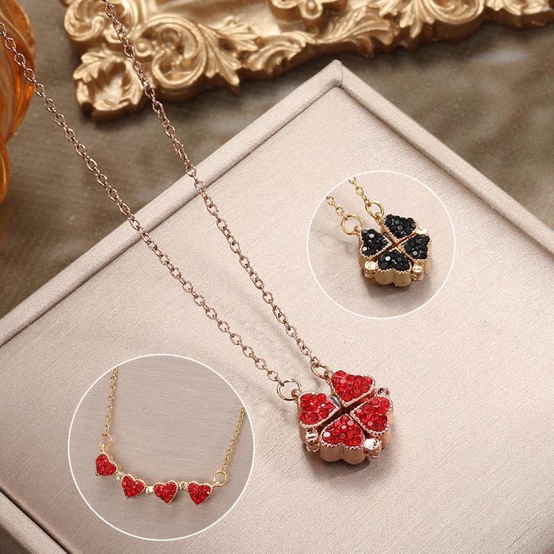 Magnetic Four-Leaf Clover Rhinestone Pendant Necklace In Titanium Steel - Versatile Fashion Clavicle Chain for Women