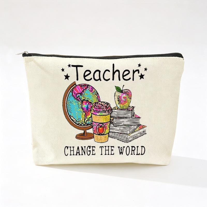 Teacher's Day Inspirational Slogan Makeup Bag - Portable Imitation Linen Zipper Pouch