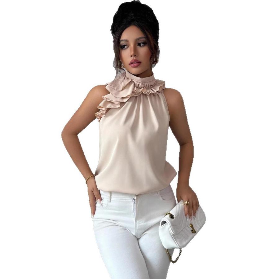 Top da Donna alla Moda con Fascino, Scollo a Petalo, Sulla Spalla, Vestibilità Aderente, Senza Maniche, Colore Unito