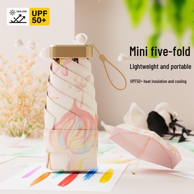 Compact Women's Mini Folding Sun and Rain Umbrella - UV Protection, Dual-Use with Color Glue.
