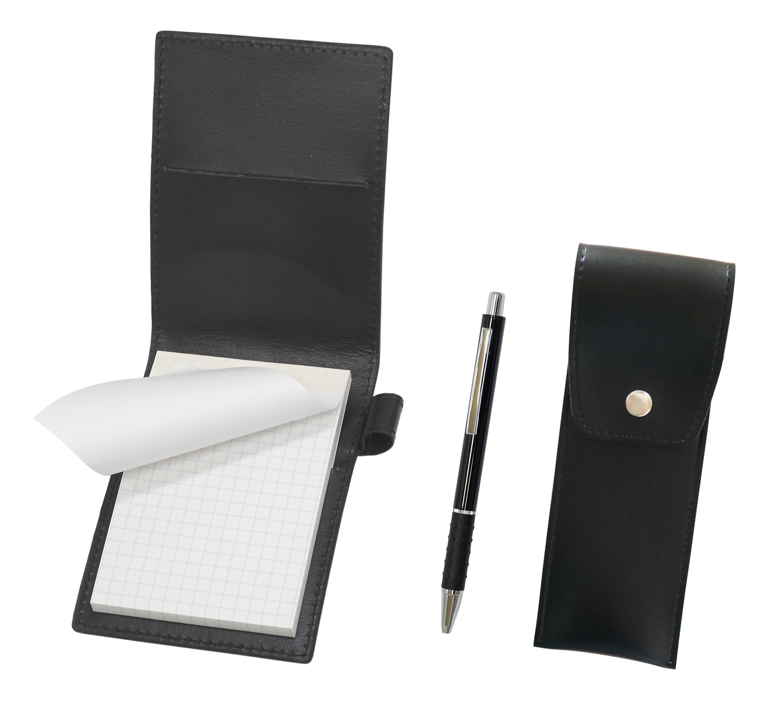 

Мини-обложка для блокнота из переработанной коровьей кожи черного цвета с черным круглым футляром для ручки на кнопке и набором шариковой ручки с черным металлическим корпусом и резиновой вставкой (LS022PB-BRSB-WZ2067BP-B) чёрный