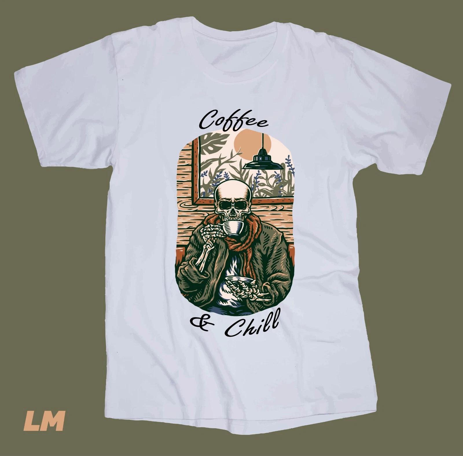 Coffee and Chill white T-shirt Skeleton Drinking Coffee Brew Cafe L
