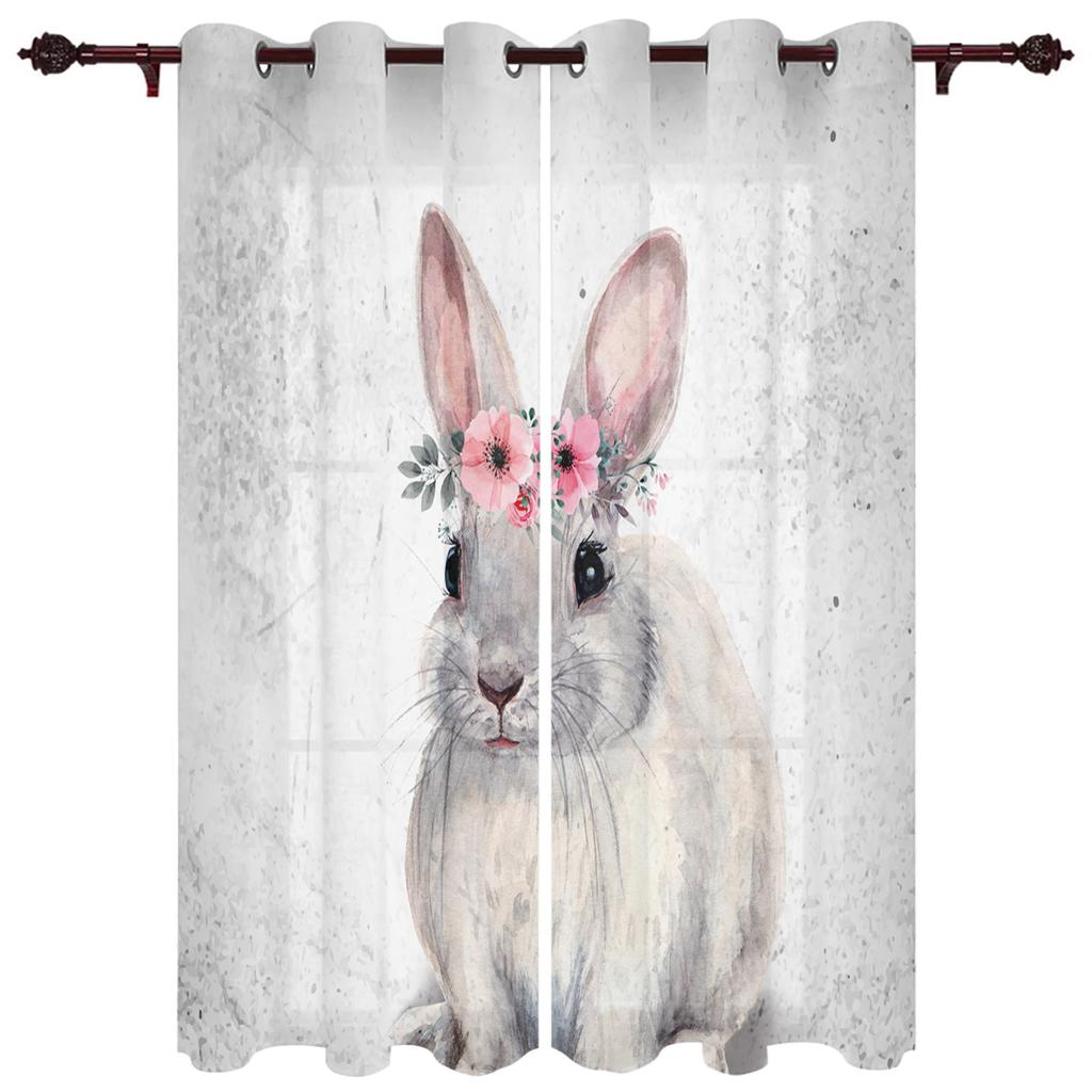 Modern Window Curtains Bunny Rabbit with Flowers Watercolor Luxury Fashion Curtains for Living Room Bedroom Kitchen Drapes