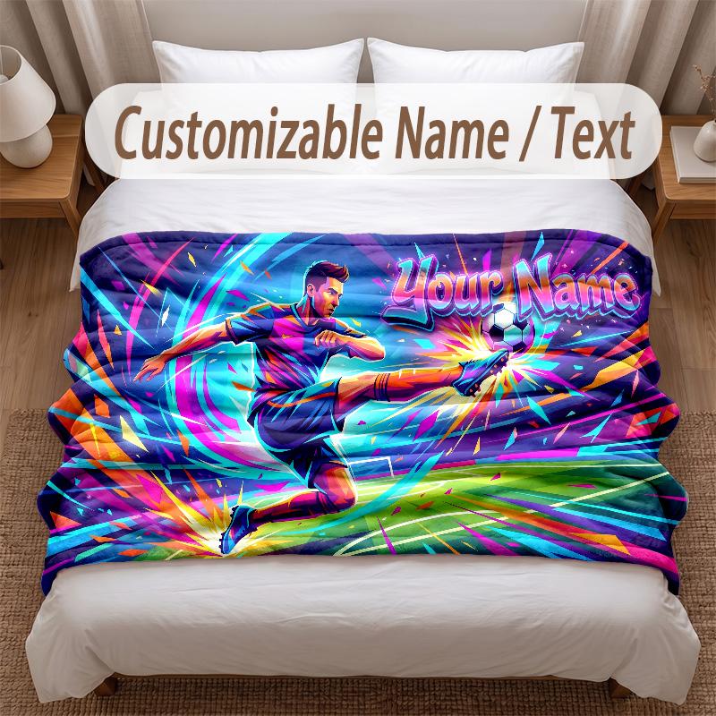 Soccer Theme Soft Blanket Personalized Custom Name Text Print Warm Blanket Home Sofa Bedroom Decor