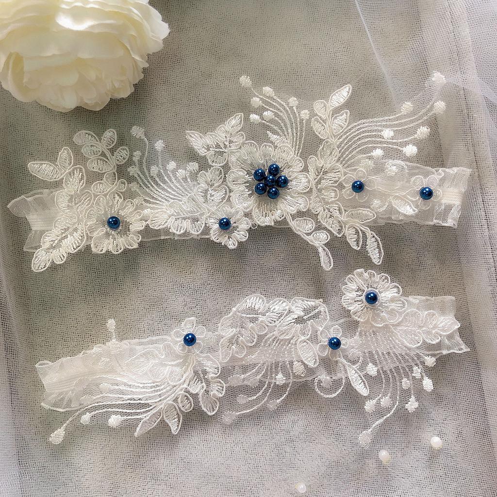Wedding Dress Decoration Leg Ring Stockings Garters Bride Leg Garter Sexy Lace Women Socks Ring Thigh Bands With Blue Pearl